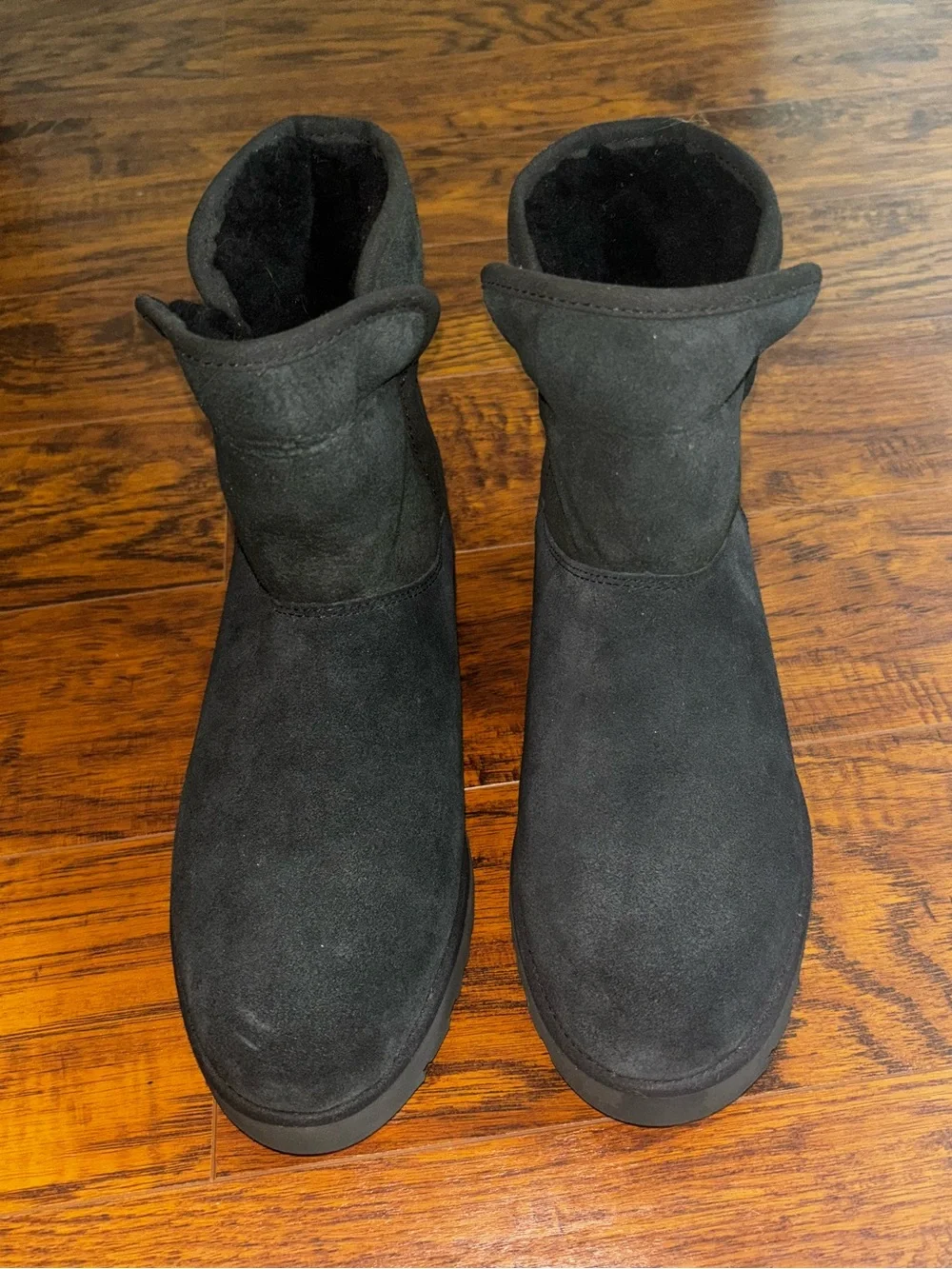 UGG 100% Wool KRISTIN Boots Black Suede Fur-Cuff Short Ankle Platform Booties